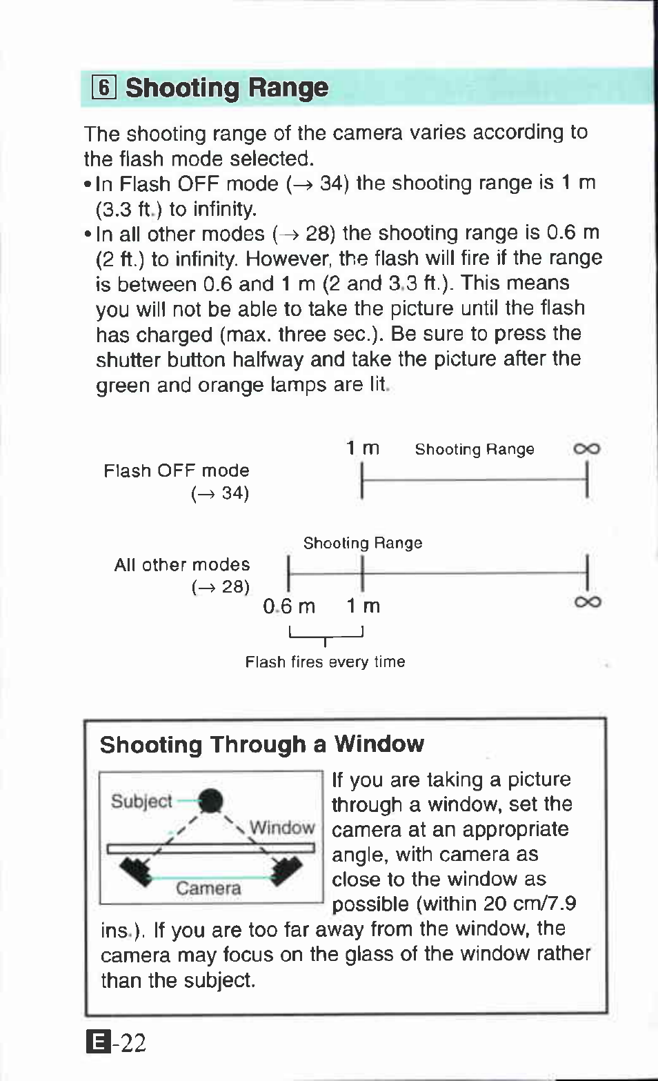 Range, U shooting range, Shooting through a window | B-22 | Canon Ixus M 1 User Manual | Page 22 / 50
