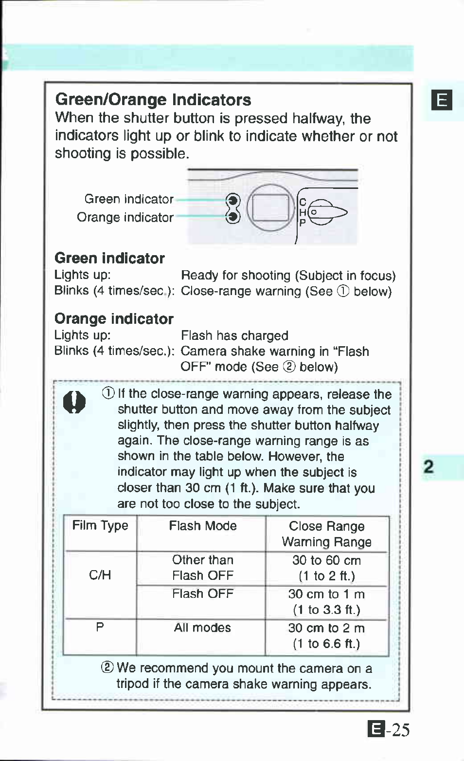 Green/orange indicators, Green indicator, Orange indicator | Canon Ixus M 1 User Manual | Page 25 / 50