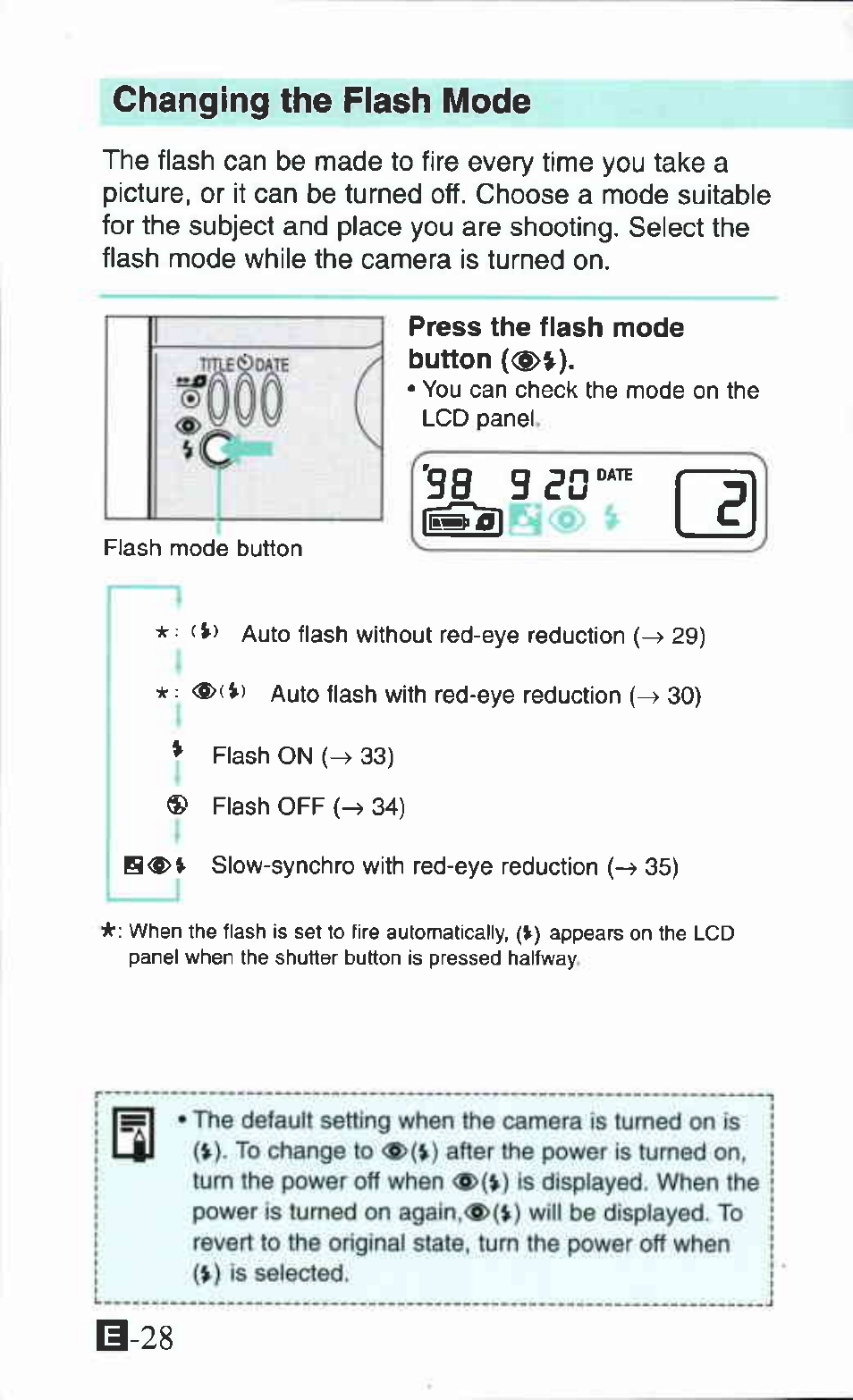 Changing the flash mode | Canon Ixus M 1 User Manual | Page 28 / 50