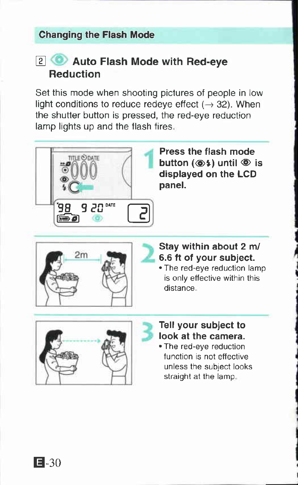 U auto flash mode with red-eye reduction, Tell your subject to look at the camera | Canon Ixus M 1 User Manual | Page 30 / 50