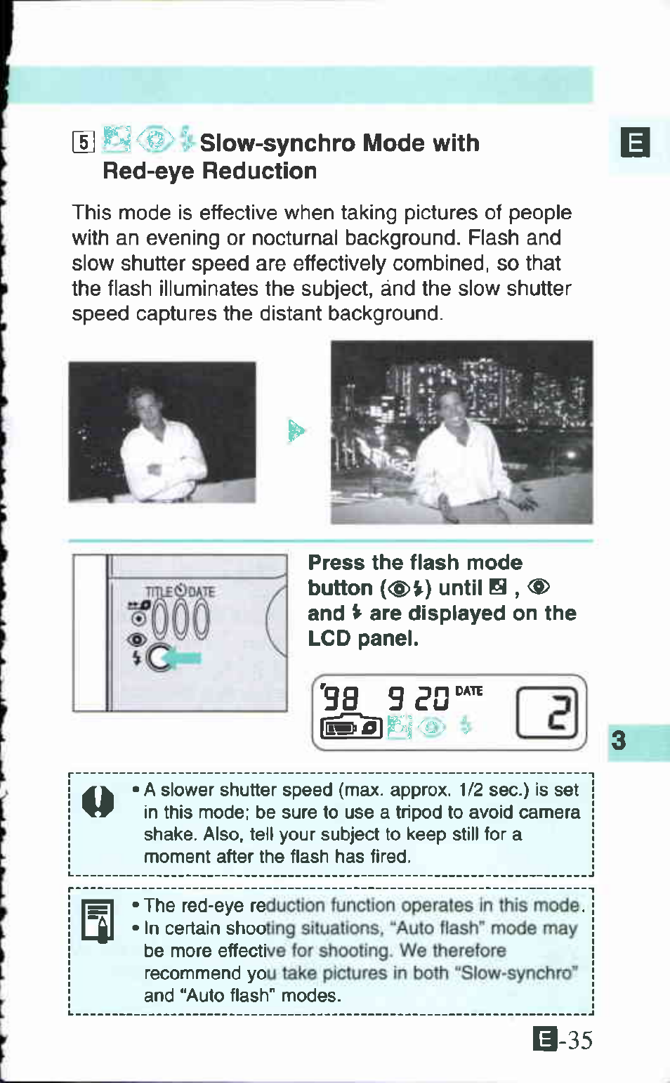 E r p' • slow-synchro mode with red-eye reduction | Canon Ixus M 1 User Manual | Page 35 / 50