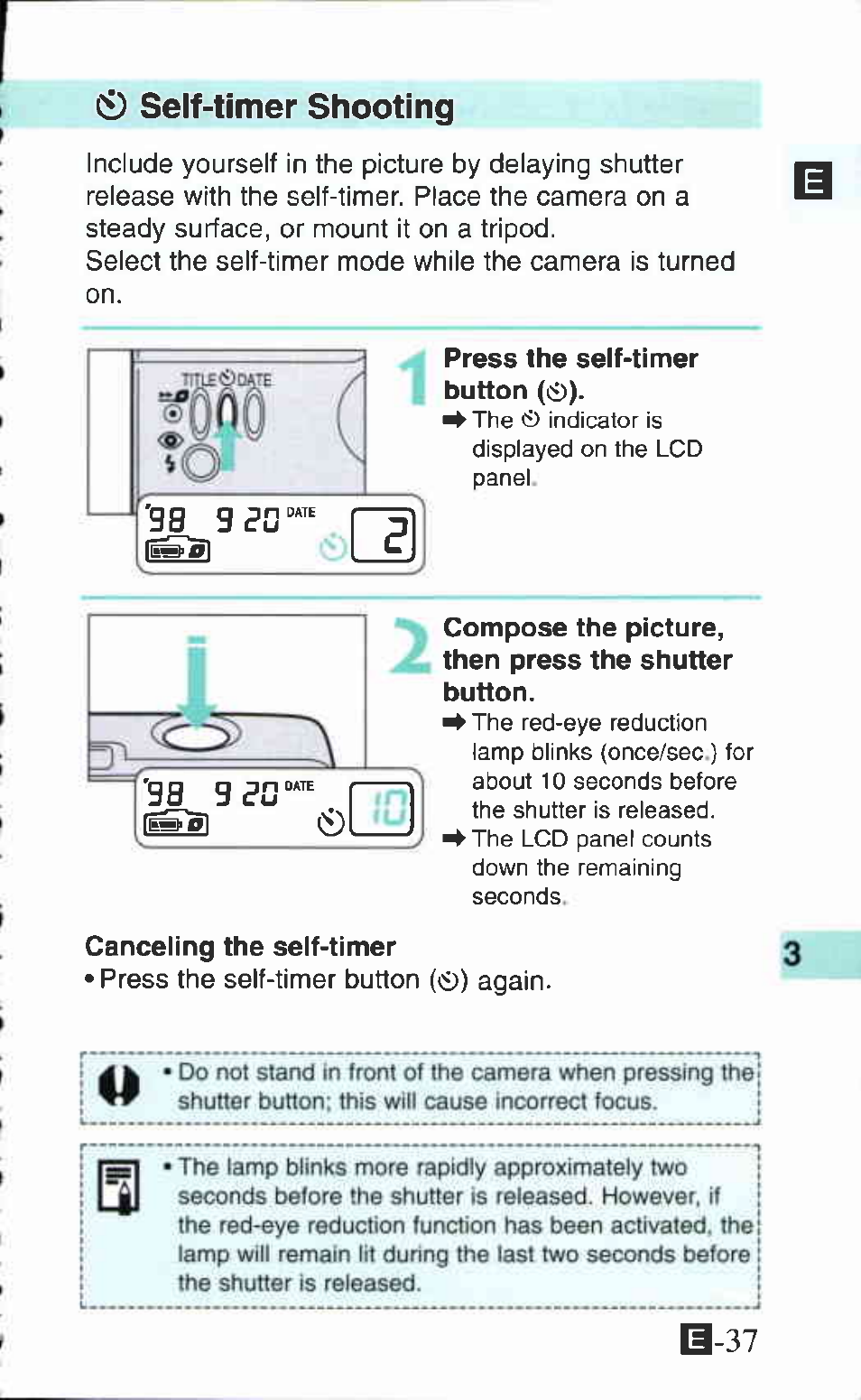 0 self-timer shooting | Canon Ixus M 1 User Manual | Page 37 / 50