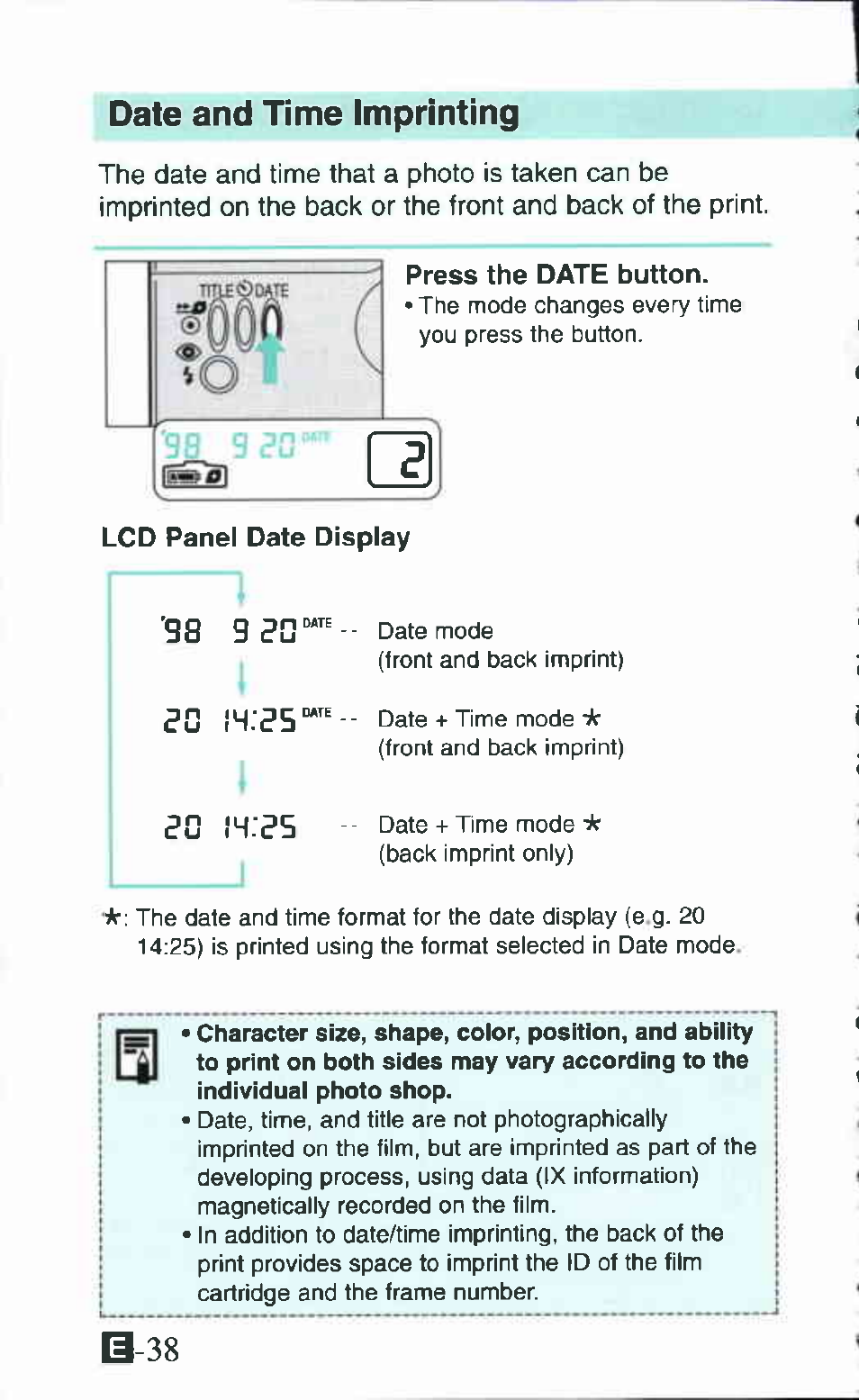 Date and time imprinting, 98 g ?d, 80 ih'85 | 80 is;85 | Canon Ixus M 1 User Manual | Page 38 / 50