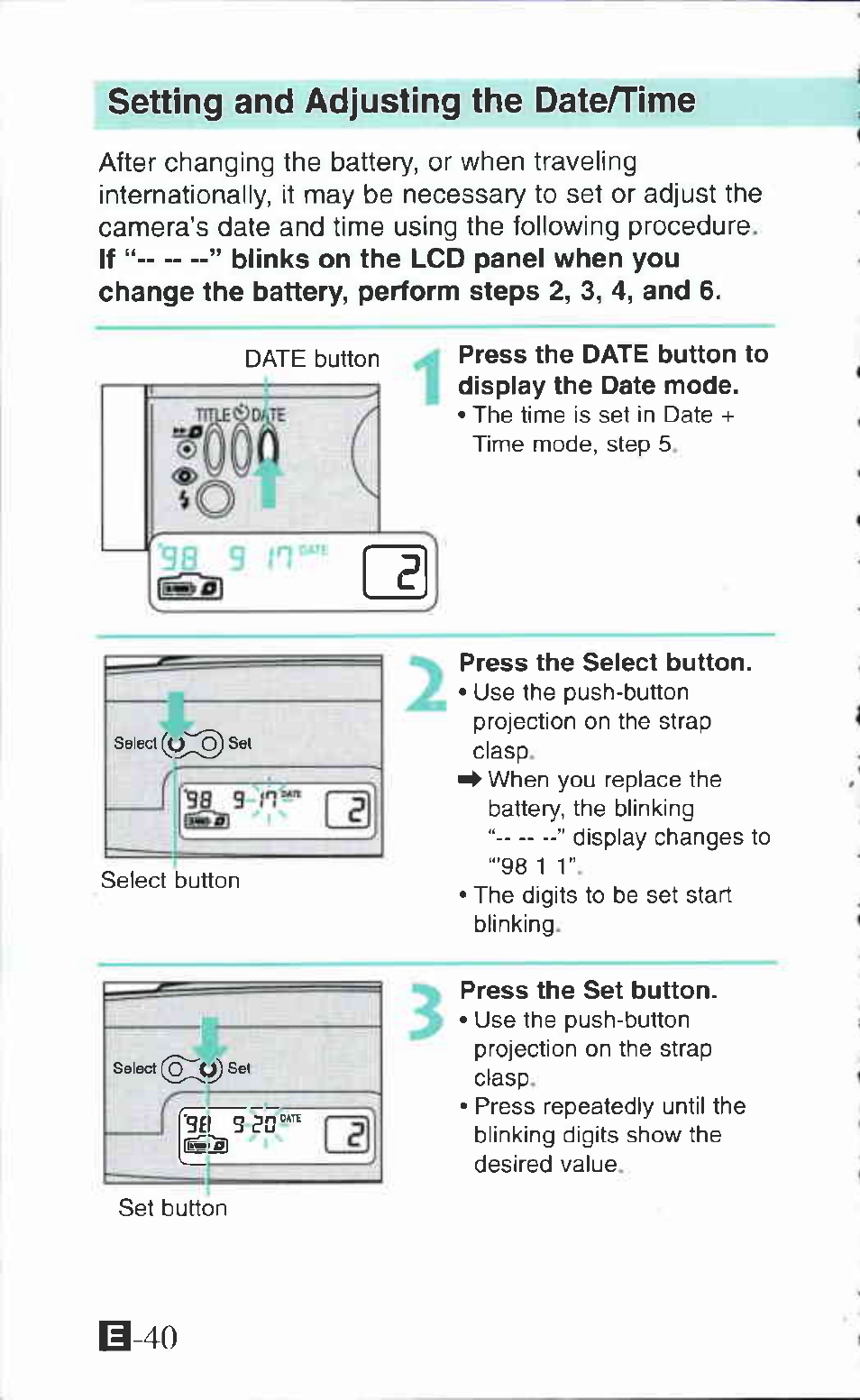 Setting and adjusting the date/time, Itil \ k, Li-40 | Canon Ixus M 1 User Manual | Page 40 / 50