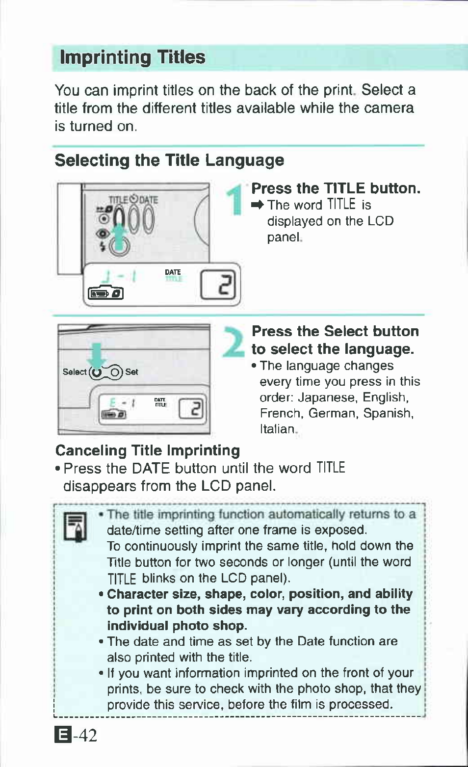 B-42, T(y;:g)s, Selecting the title language | Canon Ixus M 1 User Manual | Page 42 / 50