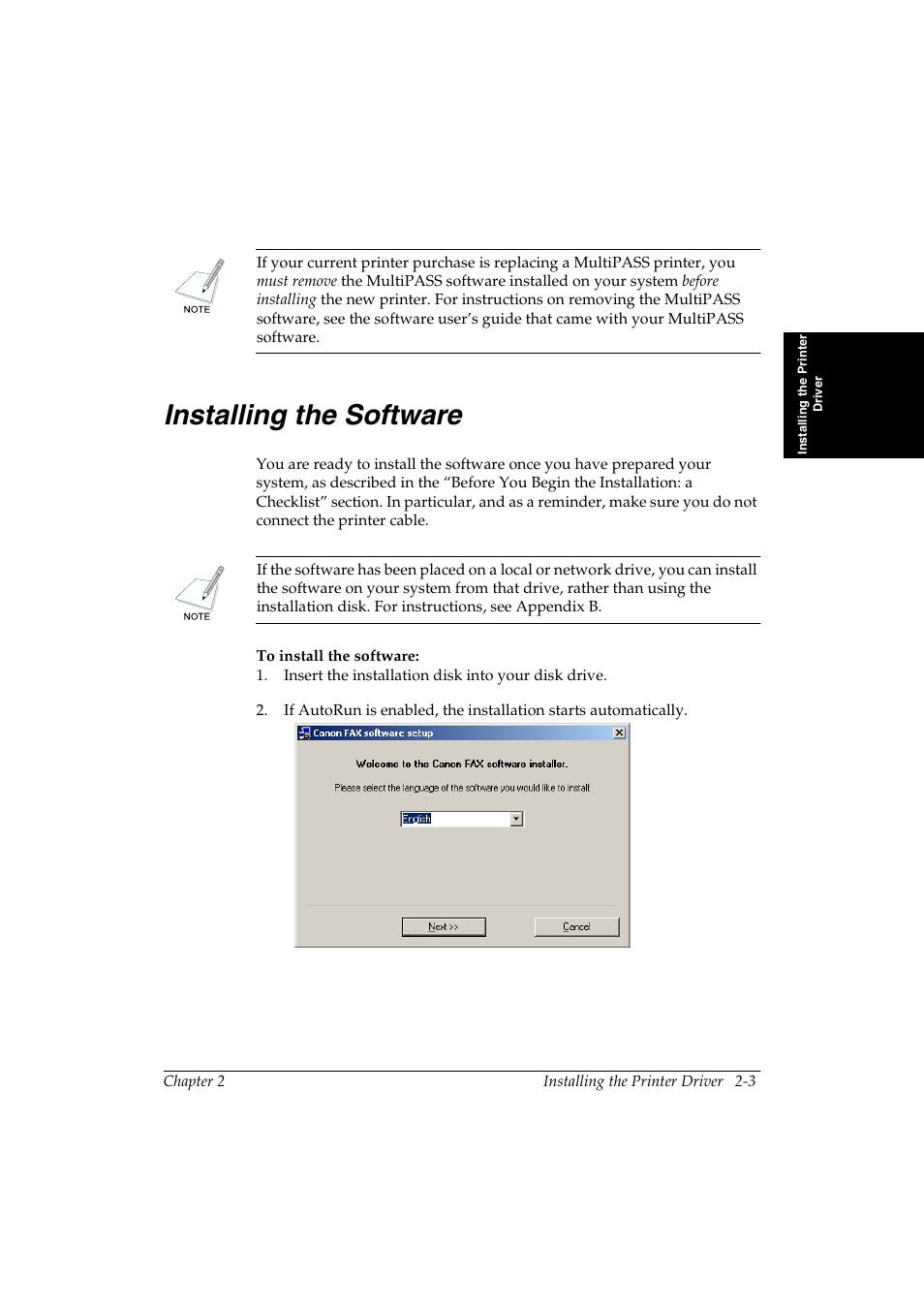 Installing the software -3, Installing the software 2 | Canon FAX-L290 User Manual | Page 13 / 66