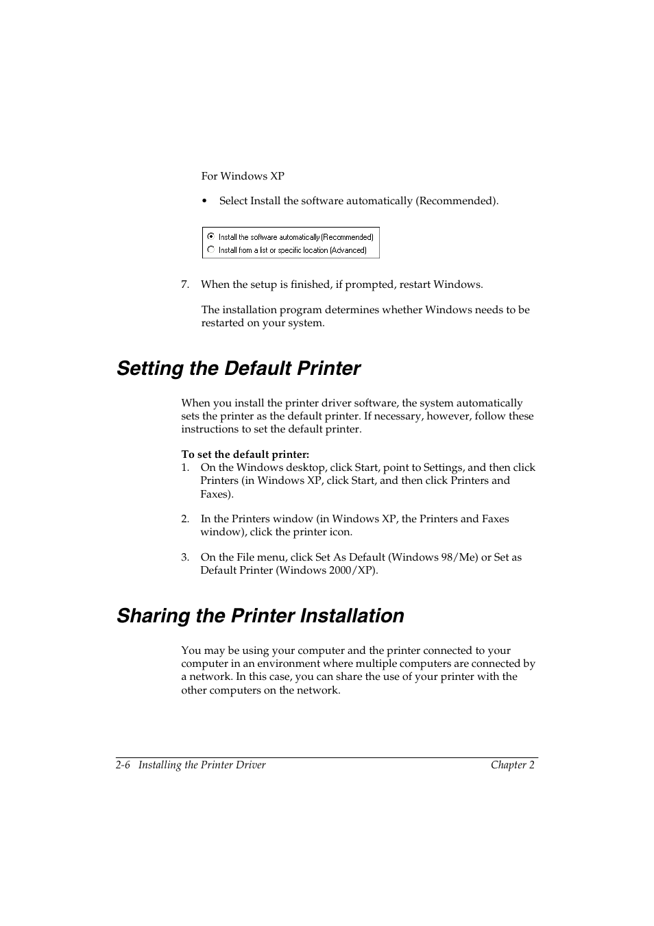 Setting the default printer 2, Sharing the printer installation 2 | Canon FAX-L290 User Manual | Page 16 / 66