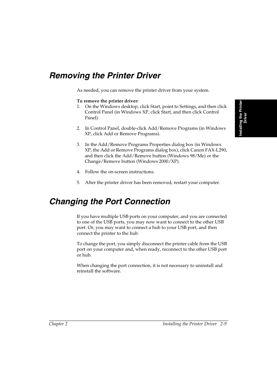 Removing the printer driver 2, Changing the port connection 2 | Canon FAX-L290 User Manual | Page 19 / 66