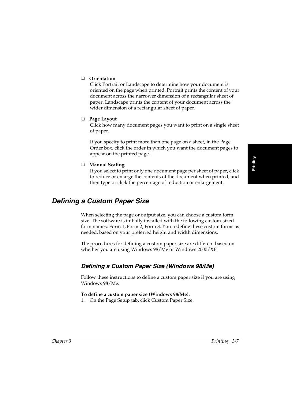 Defining a custom paper size -7, Defining a custom paper size 3, Defining a custom paper size (windows 98/me) | Canon FAX-L290 User Manual | Page 27 / 66