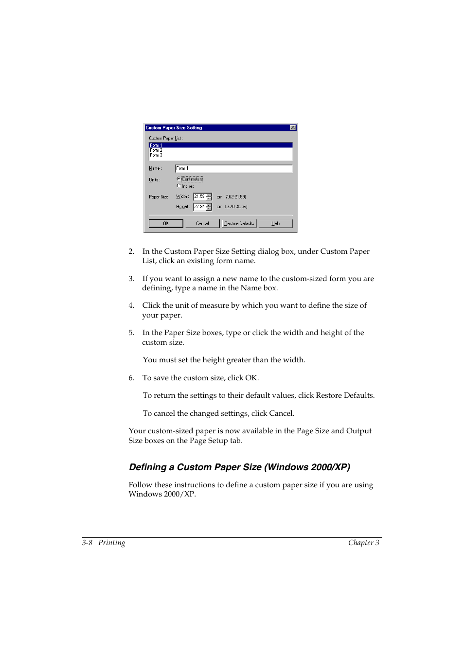 Defining a custom paper size (windows 2000/xp) | Canon FAX-L290 User Manual | Page 28 / 66