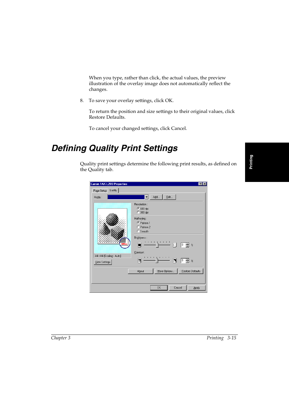 Defining quality print settings -15, Defining quality print settings 3 | Canon FAX-L290 User Manual | Page 35 / 66