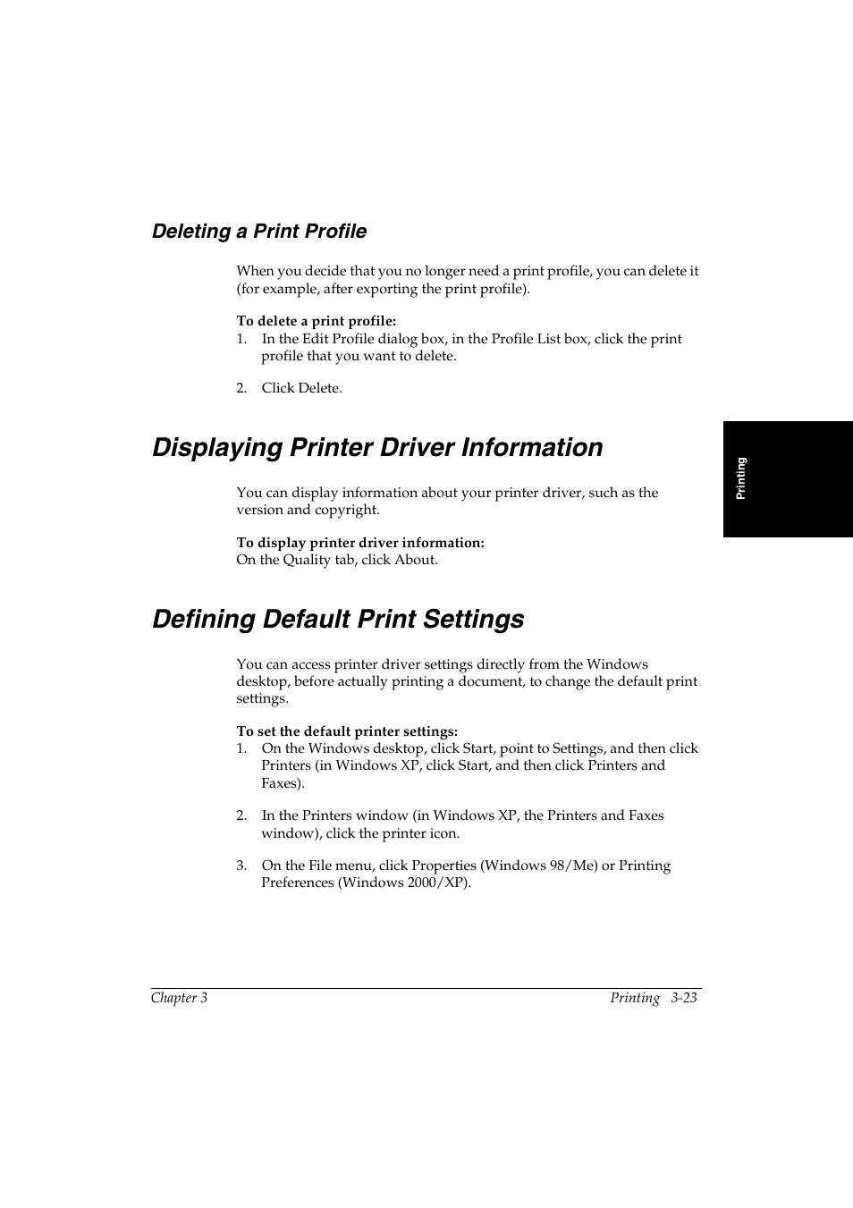 Deleting a print profile -23, Displaying printer driver information 3, Defining default print settings 3 | Deleting a print profile 3 | Canon FAX-L290 User Manual | Page 43 / 66