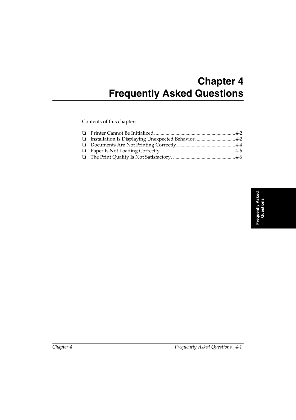 Frequently asked questions, Chapter 4, Frequently asked questions -1 | Chapter 4 4 frequently asked questions | Canon FAX-L290 User Manual | Page 45 / 66