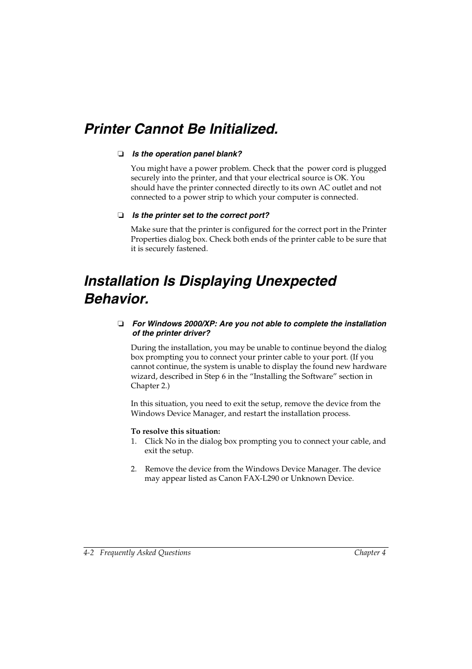 Printer cannot be initialized. 4, Installation is displaying unexpected behavior. 4 | Canon FAX-L290 User Manual | Page 46 / 66