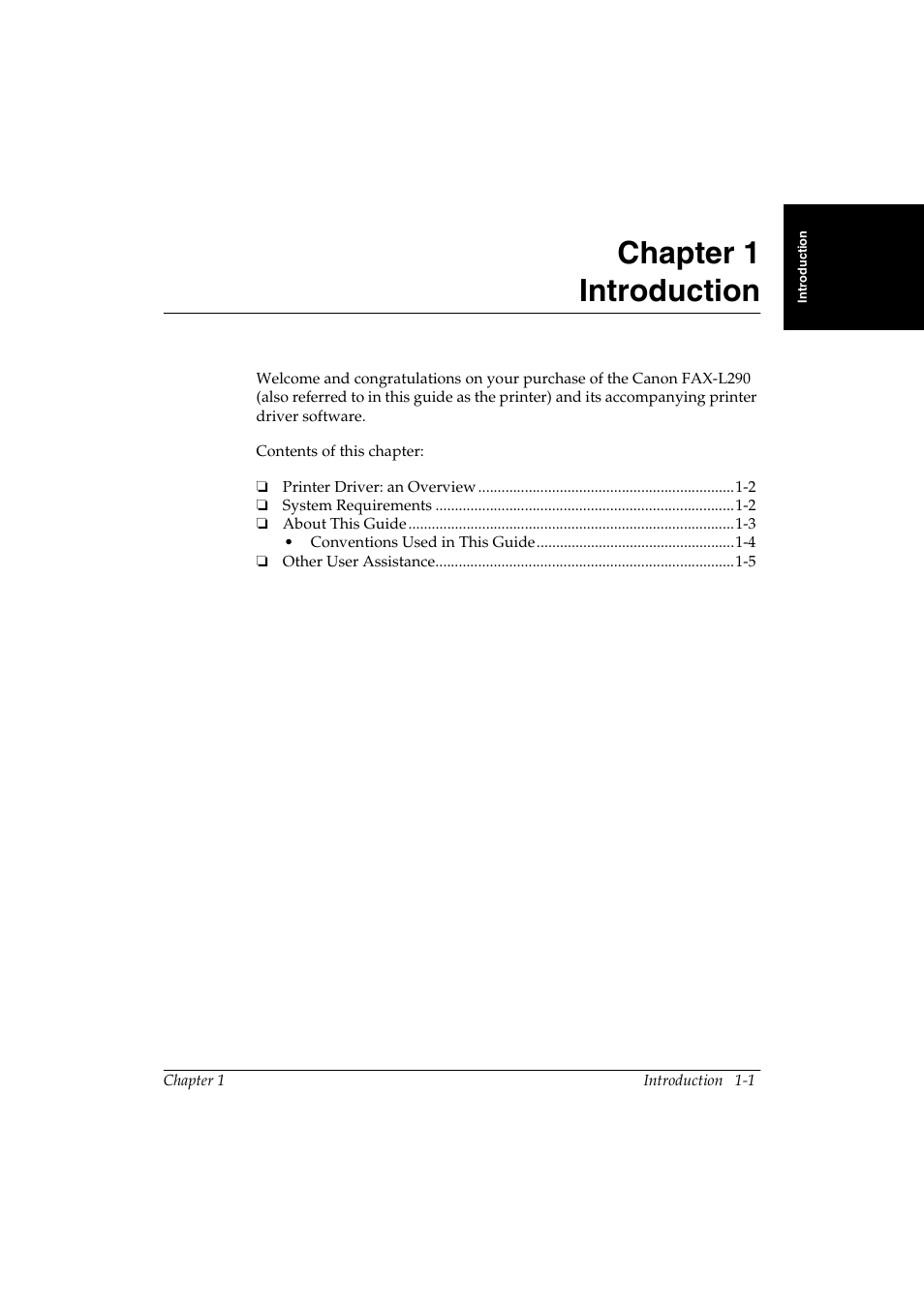Introduction, Chapter 1, Introduction -1 | Chapter 1 1 introduction | Canon FAX-L290 User Manual | Page 5 / 66
