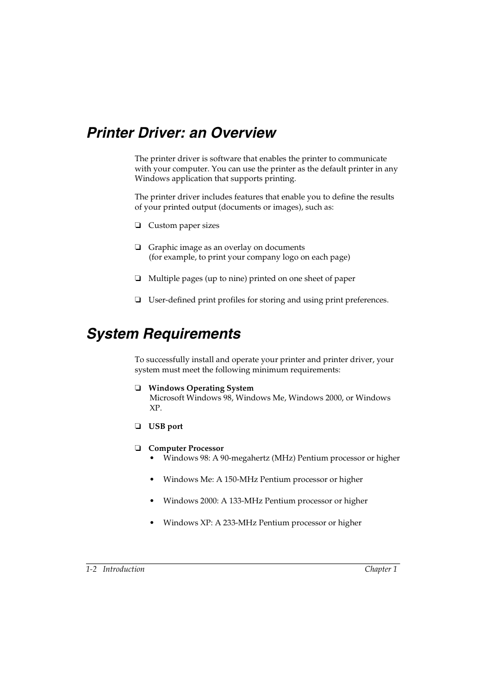 System requirements -2, Printer driver: an overview 1, System requirements 1 | Canon FAX-L290 User Manual | Page 6 / 66