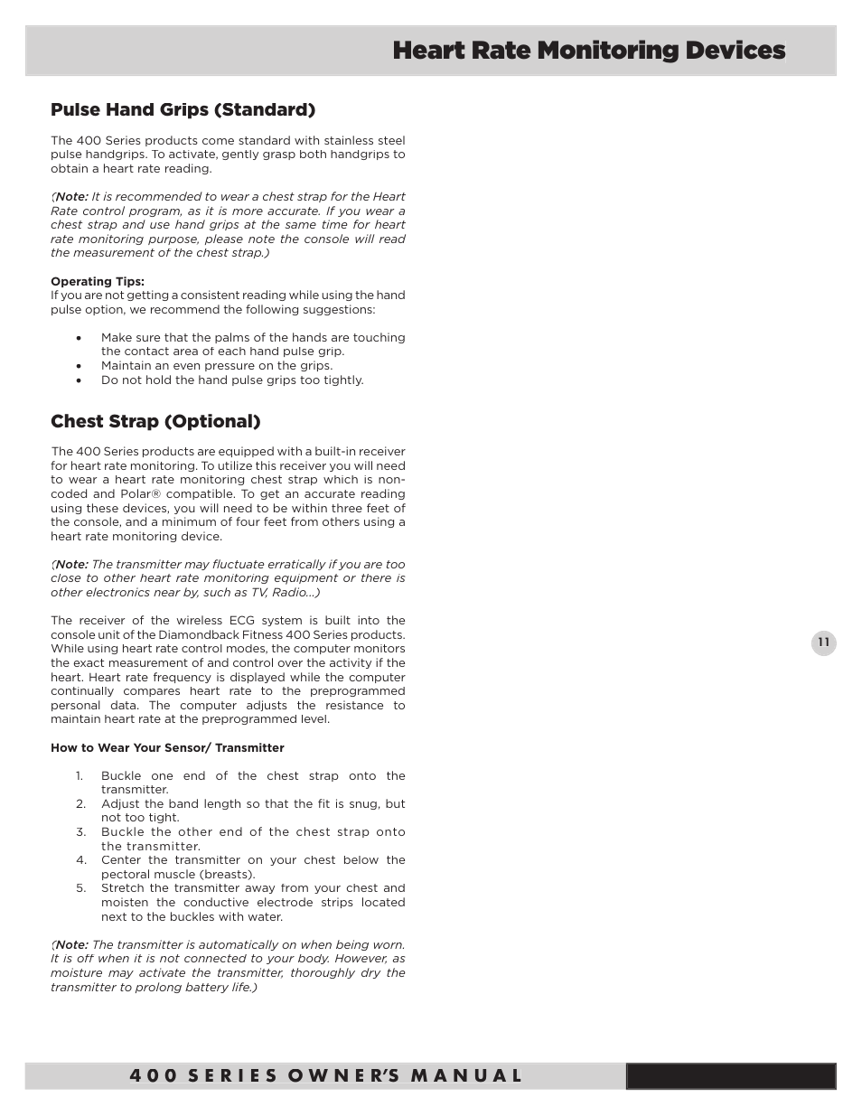 Heart rate monitoring devices, Pulse hand grips (standard), Chest strap (optional) | Diamondback Fitness 400Ub User Manual | Page 13 / 24