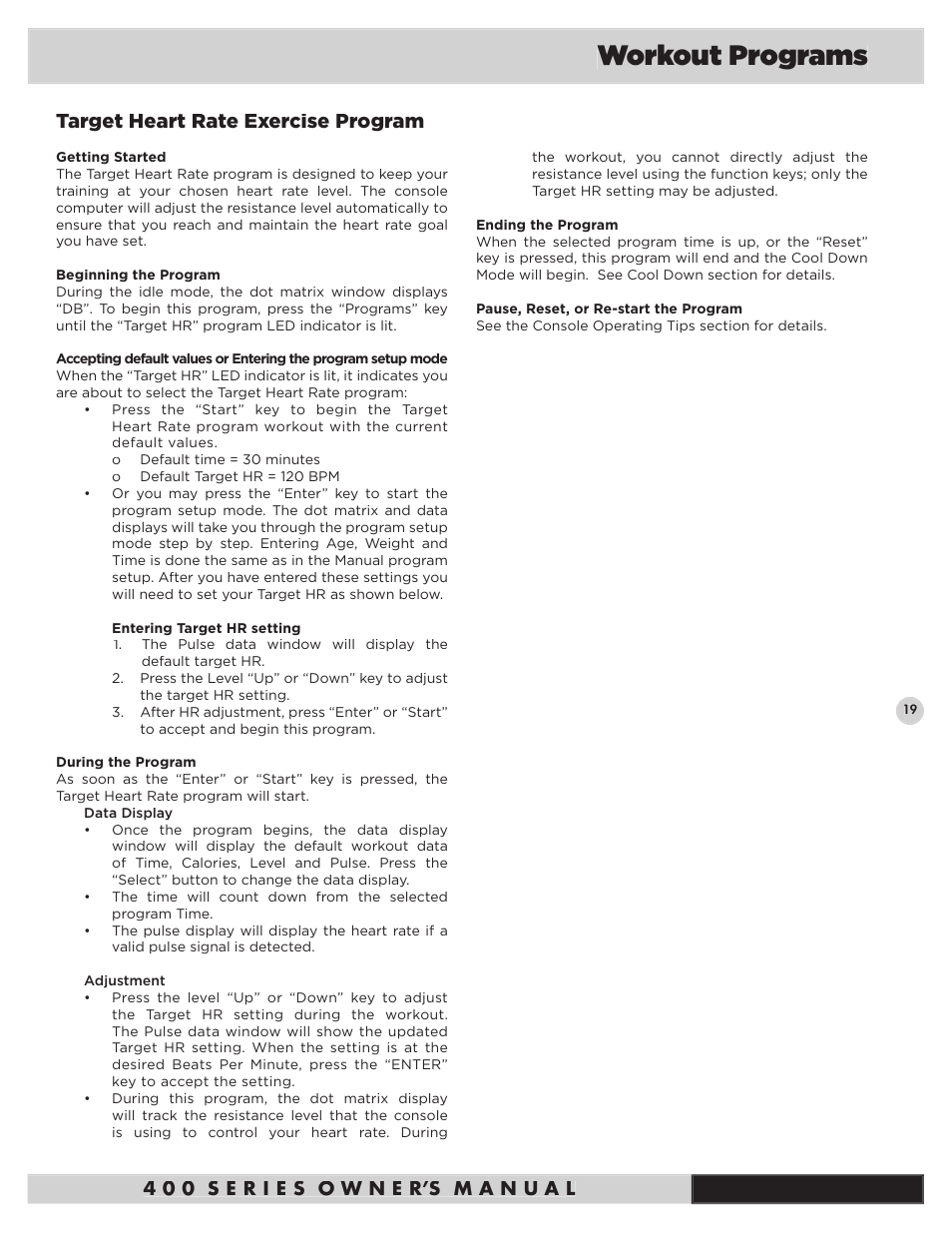 Workout programs, Target heart rate exercise program | Diamondback Fitness 400Ub User Manual | Page 21 / 24