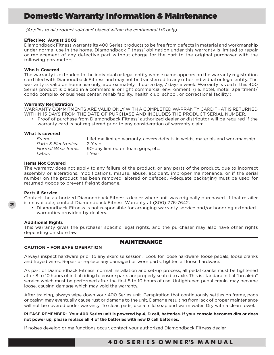 Domestic warranty information & maintenance | Diamondback Fitness 400Ub User Manual | Page 22 / 24