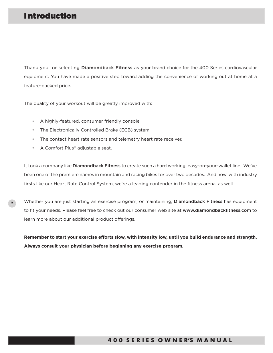 I ntroduction | Diamondback Fitness 400Ub User Manual | Page 4 / 24