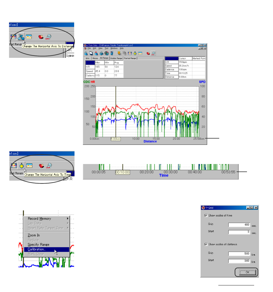 Changing horizontal axis, Reducing graph, Viewing more than two files on the screen | CatEye MSC Download Kit User Manual | Page 21 / 37