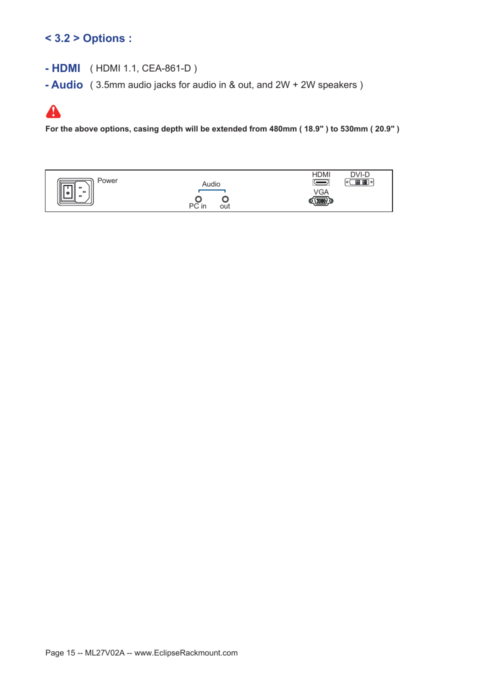 Audio, Hdmi, 2 > options | Eclipse Rackmount XMD Series User Manual | Page 15 / 18