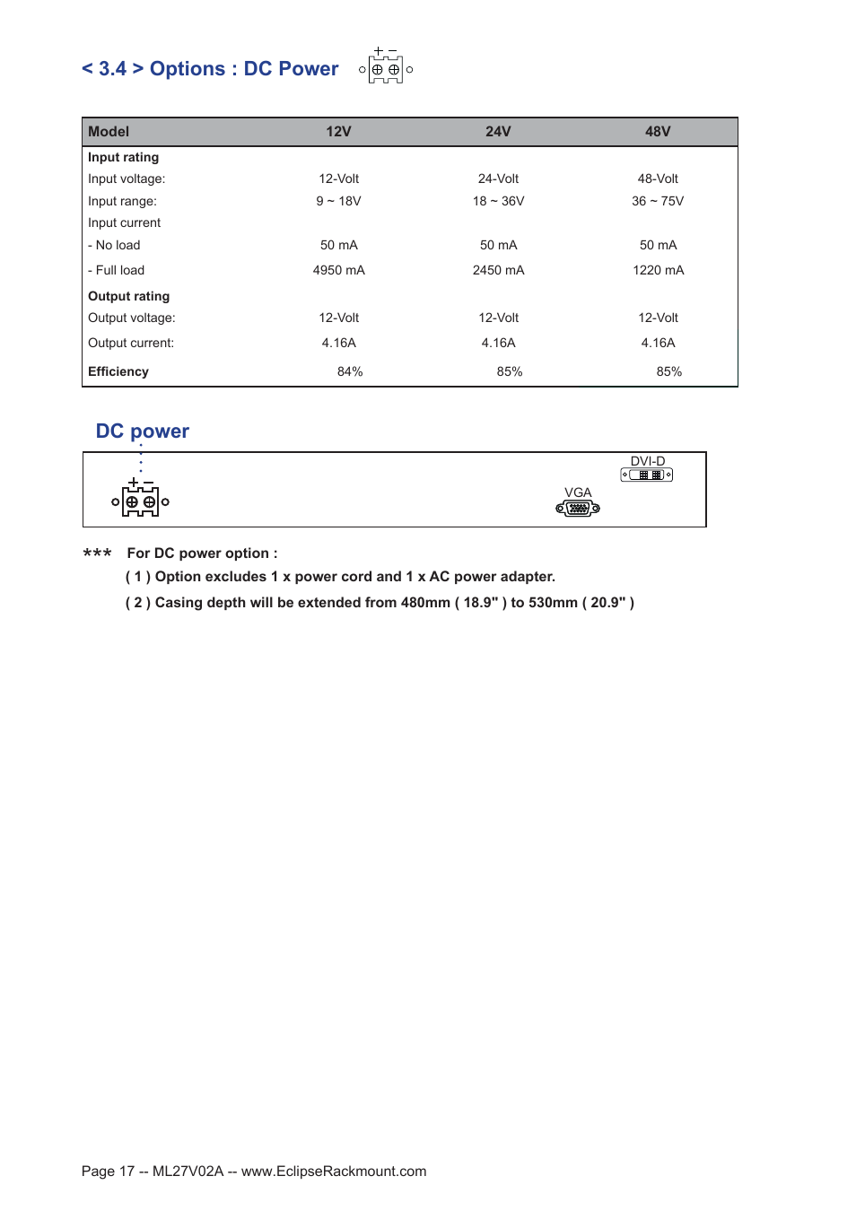 Dc power < 3.4 > options : dc power | Eclipse Rackmount XMD Series User Manual | Page 17 / 18