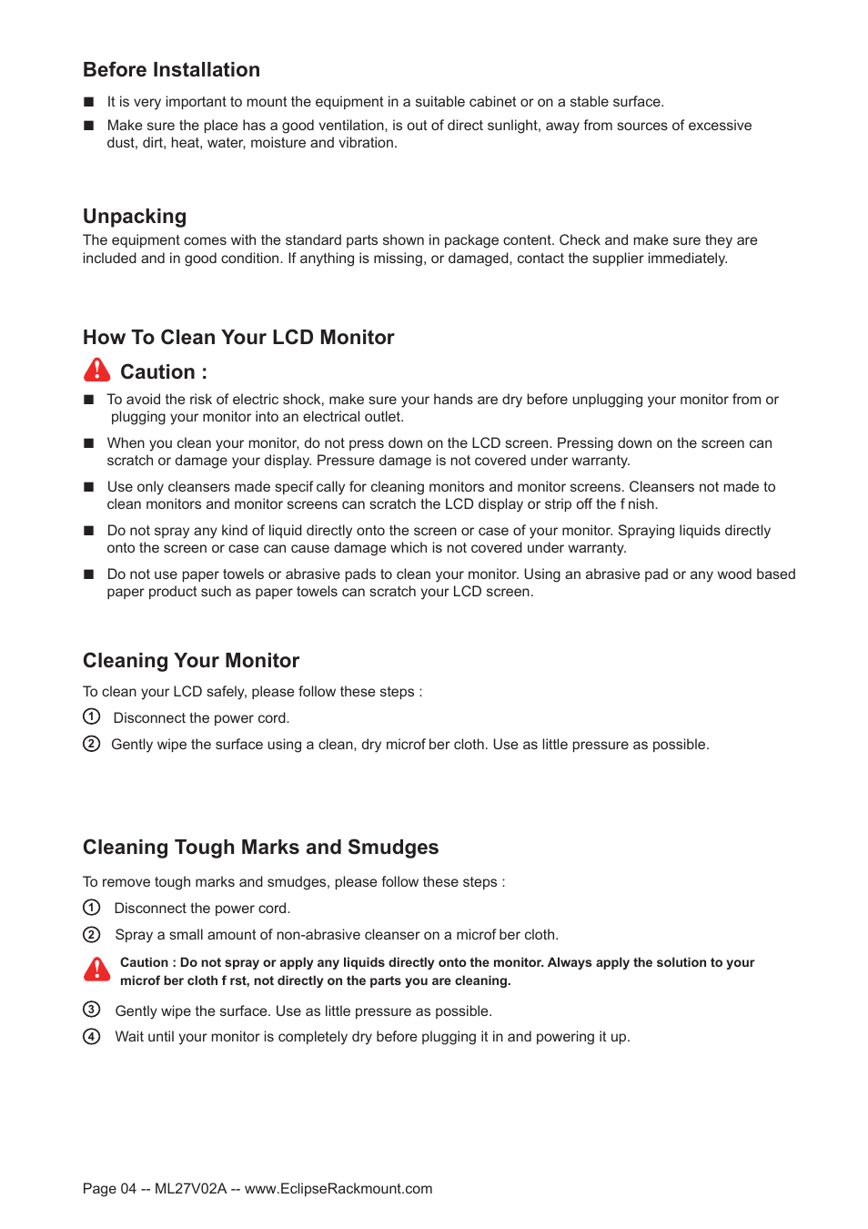 Cleaning your monitor, Cleaning tough marks and smudges | Eclipse Rackmount XMD Series User Manual | Page 4 / 18