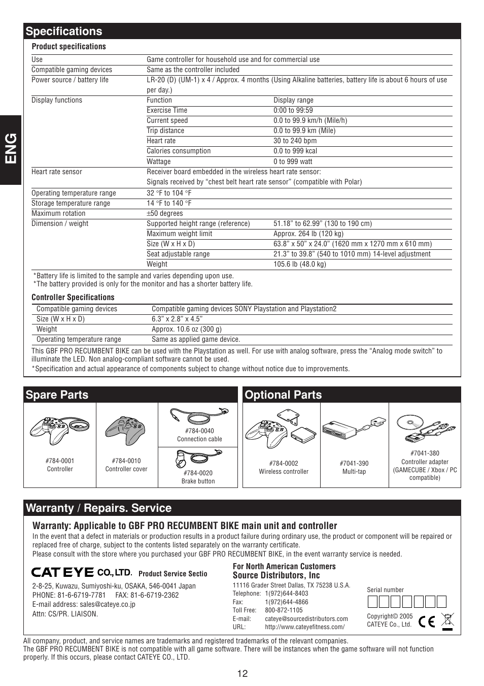 Spare parts optional parts, Warranty / repairs. service, Specifications | CatEye GAMEBIKE GB-300R User Manual | Page 12 / 24