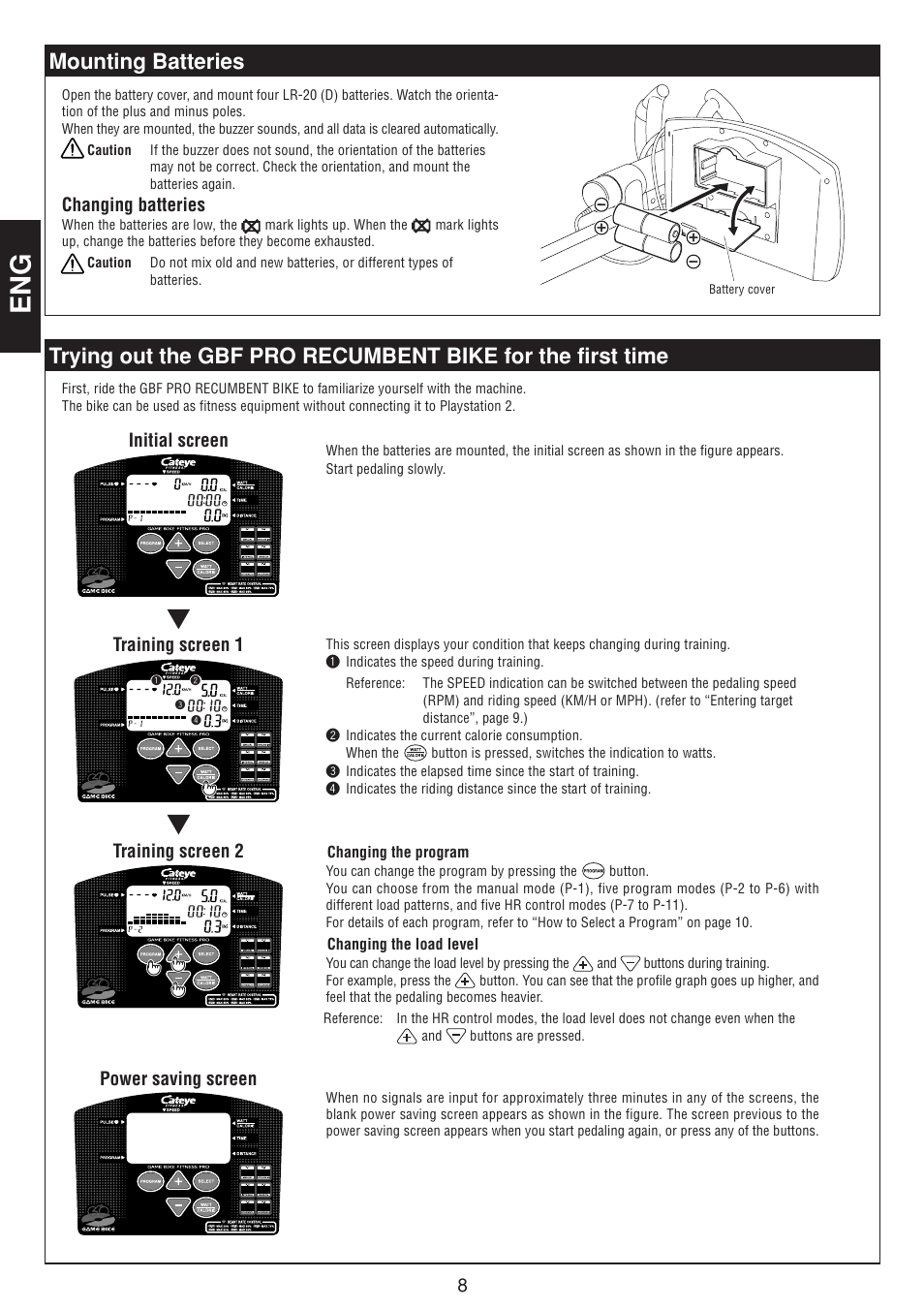 Mounting batteries, Changing batteries, Initial screen training screen 1 training screen 2 | Power saving screen | CatEye GAMEBIKE GB-300R User Manual | Page 8 / 24