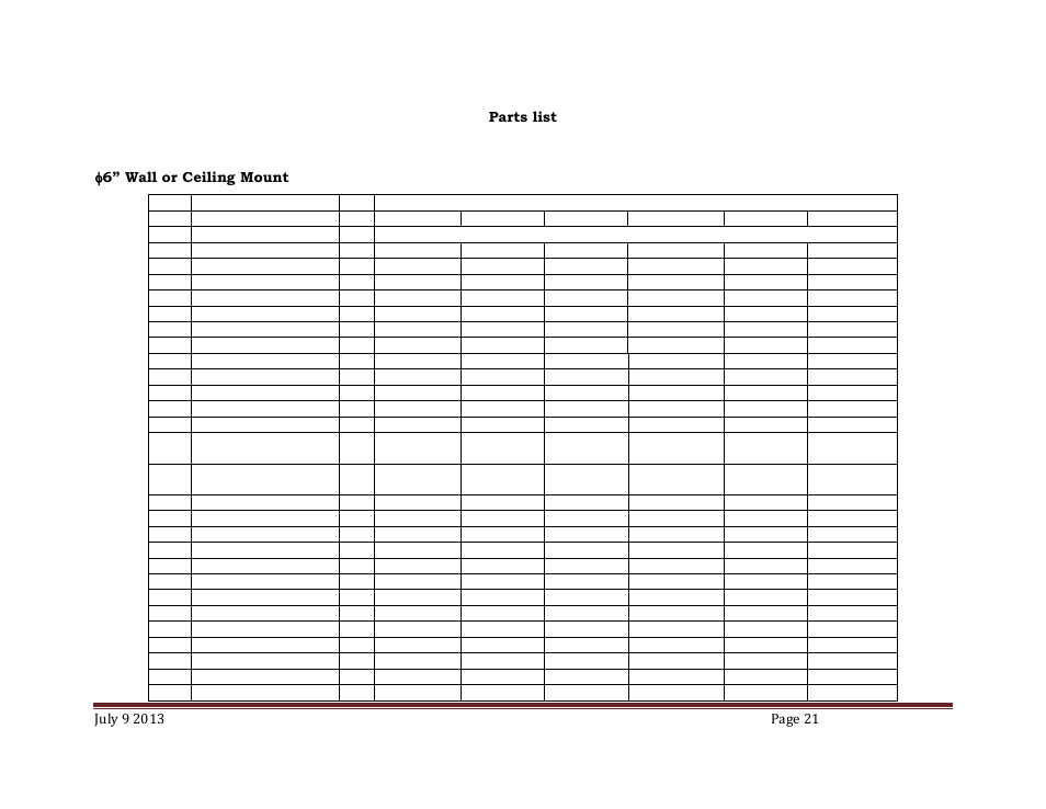 Parts list, 6” wall or ceiling mount | ENVIROMAC 103 Snorkvac User Manual | Page 21 / 44