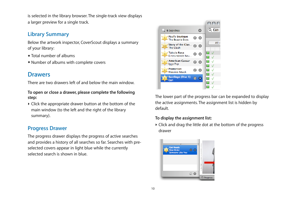 Drawers, Library summary, Progress drawer | equinux CoverScout 2.3.10 User Manual | Page 10 / 22