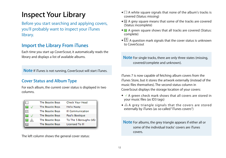 Inspect your library, Import the library from itunes, Cover status and album type | equinux CoverScout 2.3.10 User Manual | Page 12 / 22