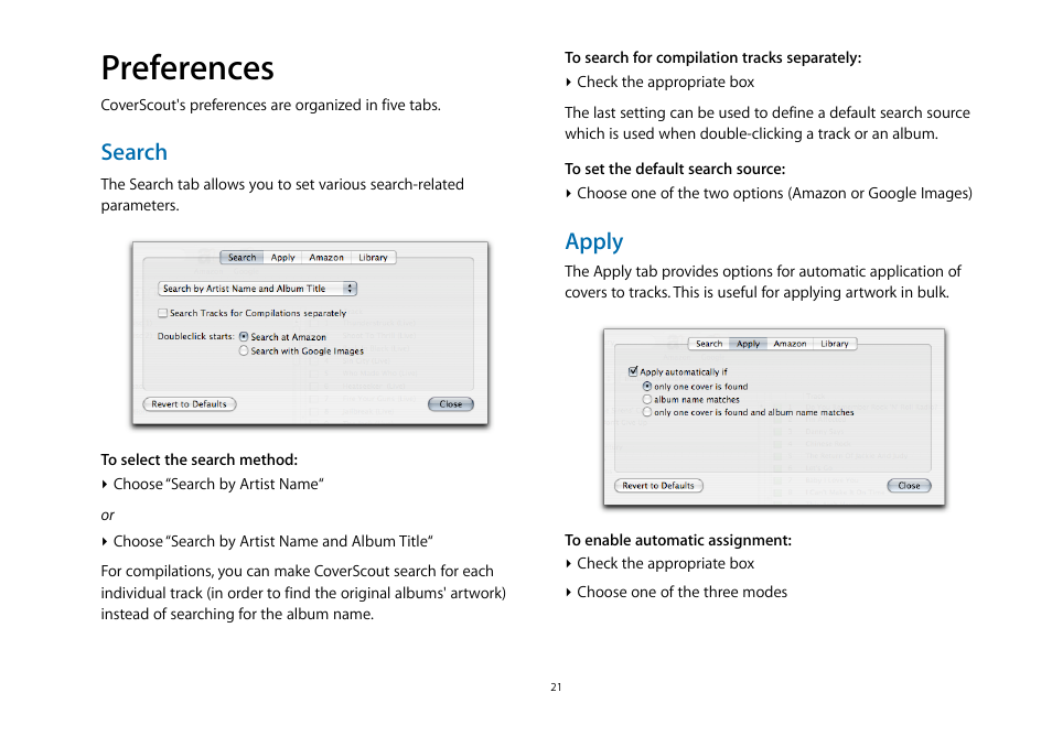 Preferences, Search, Apply | equinux CoverScout 2.3.10 User Manual | Page 21 / 22