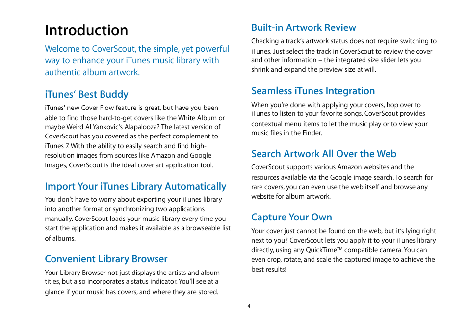 Introduction, Itunes‘ best buddy, Import your itunes library automatically | Convenient library browser, Built-in artwork review, Seamless itunes integration, Search artwork all over the web, Capture your own | equinux CoverScout 2.3.10 User Manual | Page 4 / 22