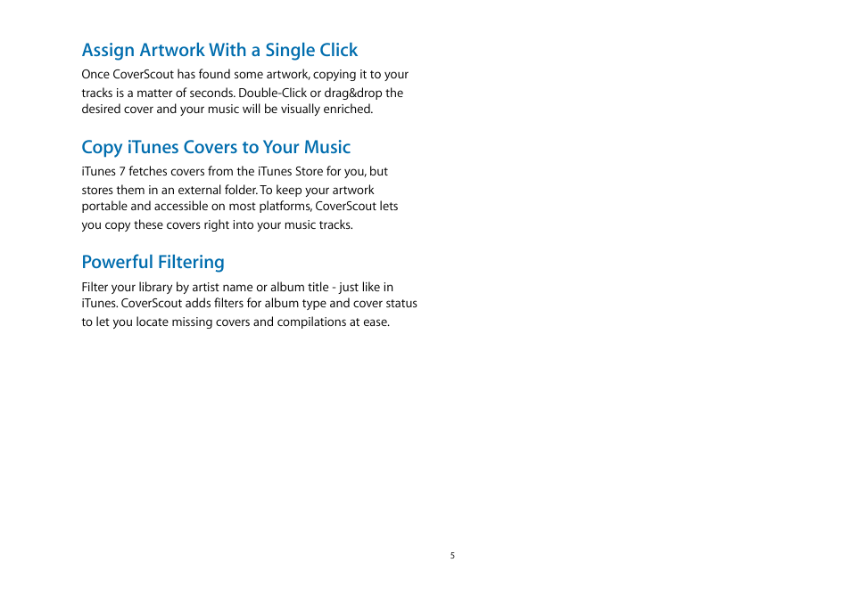 Assign artwork with a single click, Copy itunes covers to your music, Powerful filtering | equinux CoverScout 2.3.10 User Manual | Page 5 / 22