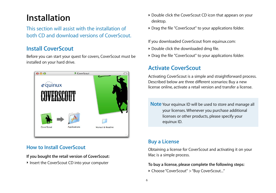 Installation, Install coverscout, Activate coverscout | equinux CoverScout 2.3.10 User Manual | Page 6 / 22