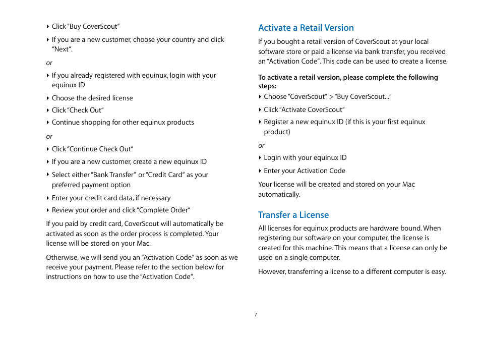 Activate a retail version, Transfer a license | equinux CoverScout 2.3.10 User Manual | Page 7 / 22