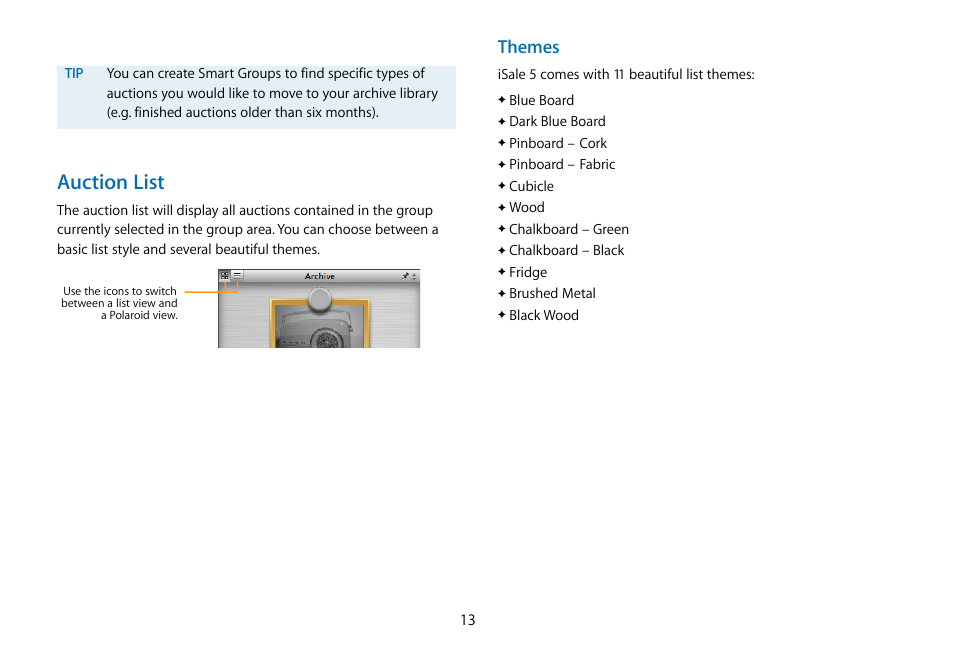 Auction list, Themes | equinux iSale 5.9.7 User Manual | Page 13 / 92
