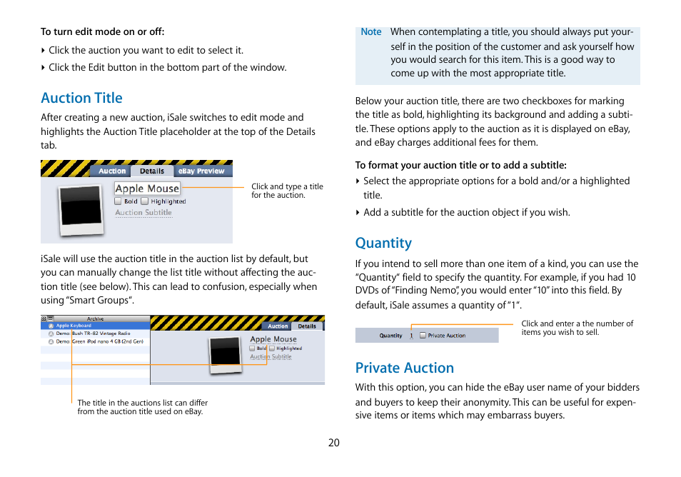 Auction title, Quantity, Private auction | equinux iSale 5.9.7 User Manual | Page 20 / 92