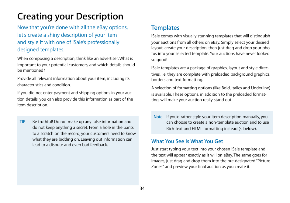 Creating your description, Templates | equinux iSale 5.9.7 User Manual | Page 34 / 92