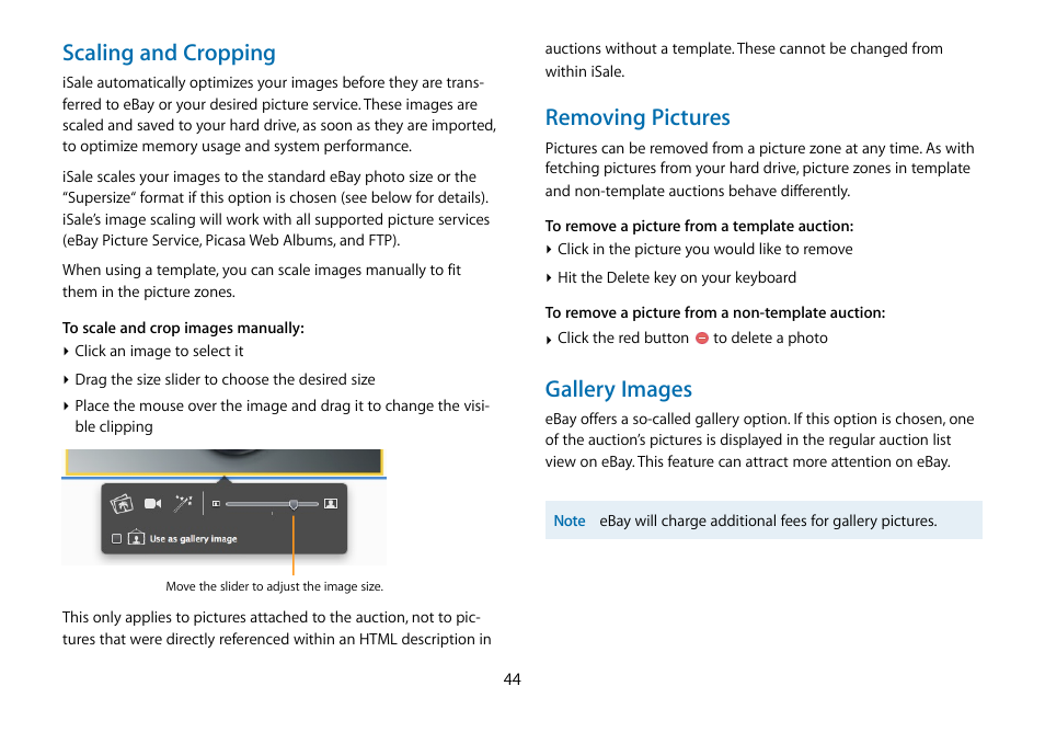 Scaling and cropping, Removing pictures, Gallery images | equinux iSale 5.9.7 User Manual | Page 44 / 92