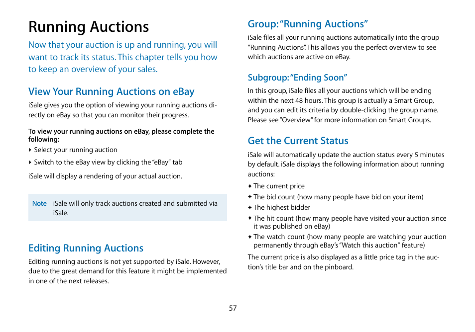 Running auctions, View your running auctions on ebay, Editing running auctions | Group: “running auctions, Get the current status | equinux iSale 5.9.7 User Manual | Page 57 / 92