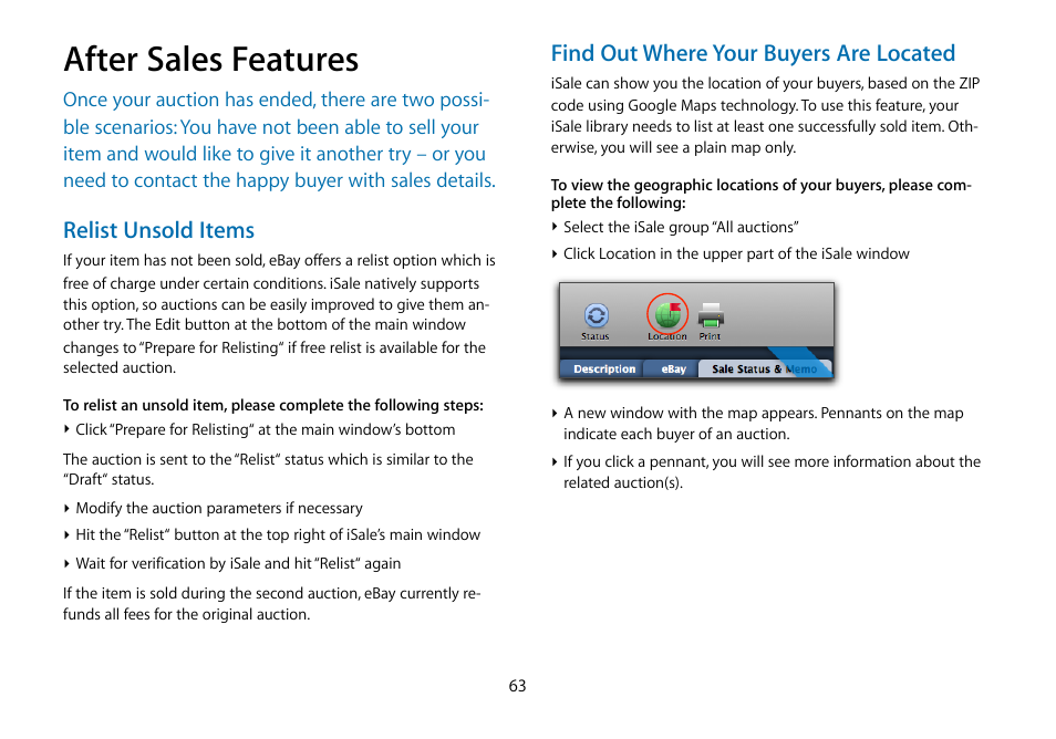 After sales features, Relist unsold items, Find out where your buyers are located | equinux iSale 5.9.7 User Manual | Page 63 / 92