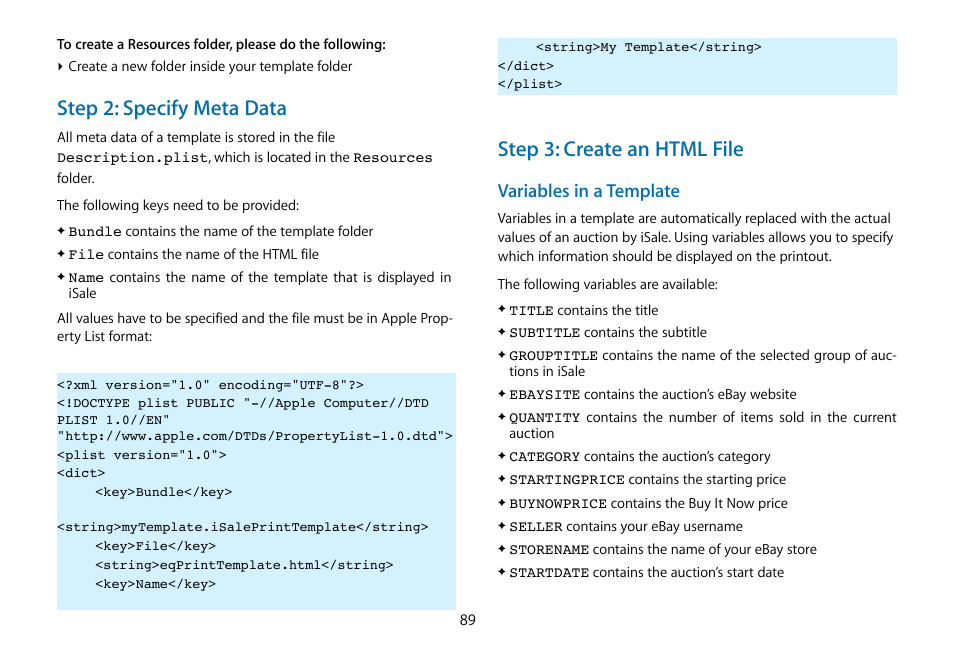 Step 2: specify meta data, Step 3: create an html file, Variables in a template | equinux iSale 5.9.7 User Manual | Page 89 / 92