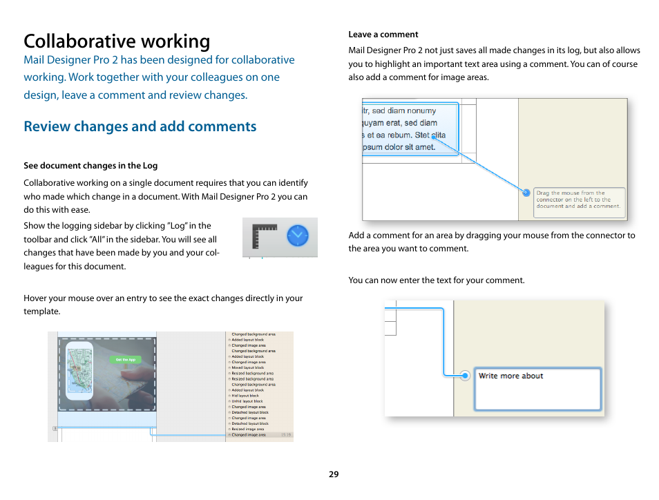 Collaborative working, Review changes and add comments, See document changes in the log | equinux Mail Designer Pro 2 User Manual | Page 29 / 50