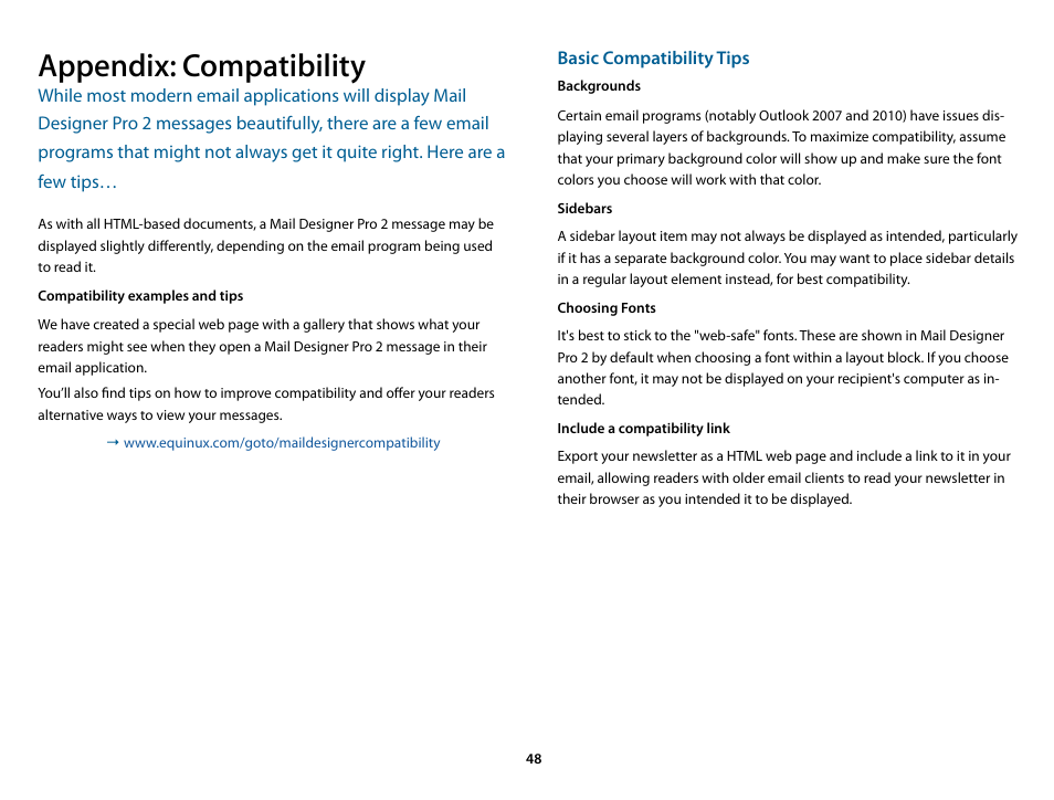 Appendix: compatibility, Compatibility examples and tips | equinux Mail Designer Pro 2 User Manual | Page 48 / 50