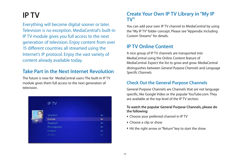 Ip tv, Take part in the next internet revolution, Create your own ip tv library in “my ip tv | Ip tv online content | equinux MediaCentral 2.8.10 User Manual | Page 15 / 46