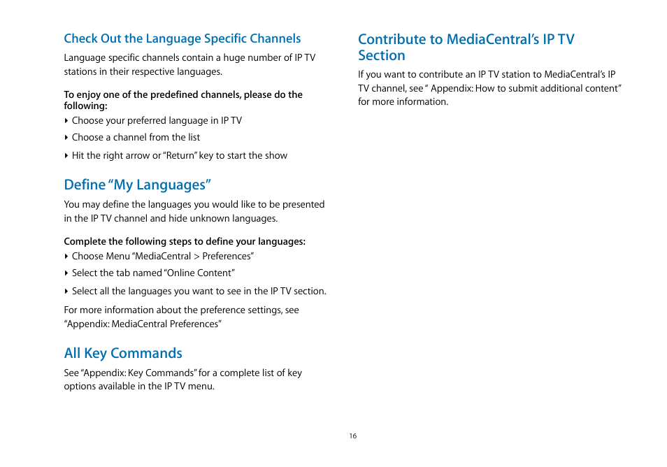 Define “my languages, All key commands, Contribute to mediacentral’s ip tv section | equinux MediaCentral 2.8.10 User Manual | Page 16 / 46