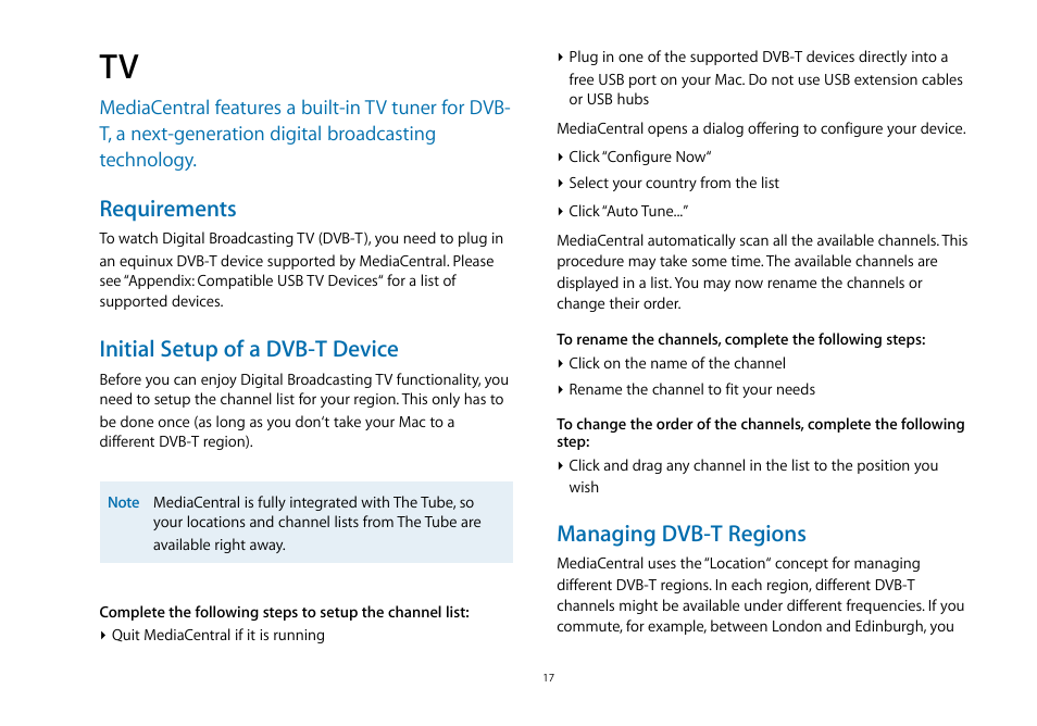 Requirements, Initial setup of a dvb-t device, Managing dvb-t regions | equinux MediaCentral 2.8.10 User Manual | Page 17 / 46